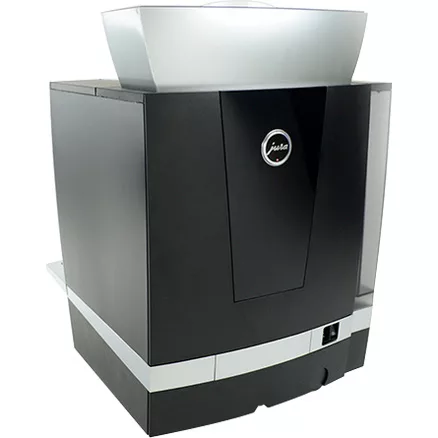 The discontinued Jura GIGA W3 Professional Super-Automatic Espresso Machine in Aluminum features a modern, boxy black and silver design with a central circular logo, top compartment, and front drawer or spout area. © 2025 1st-line.com