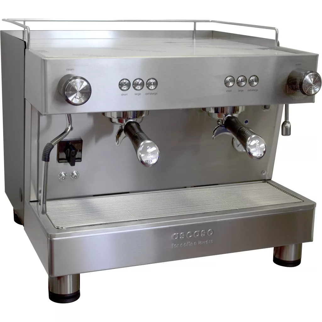 The SOLD RETURNED AND REFURBISHED Ascaso Bar 2 Group Espresso Machine (110V, direct connect, vibration pumps) is a stainless steel commercial machine with two group heads—ideal for crafting quality coffee drinks. © 2025 1st-line.com