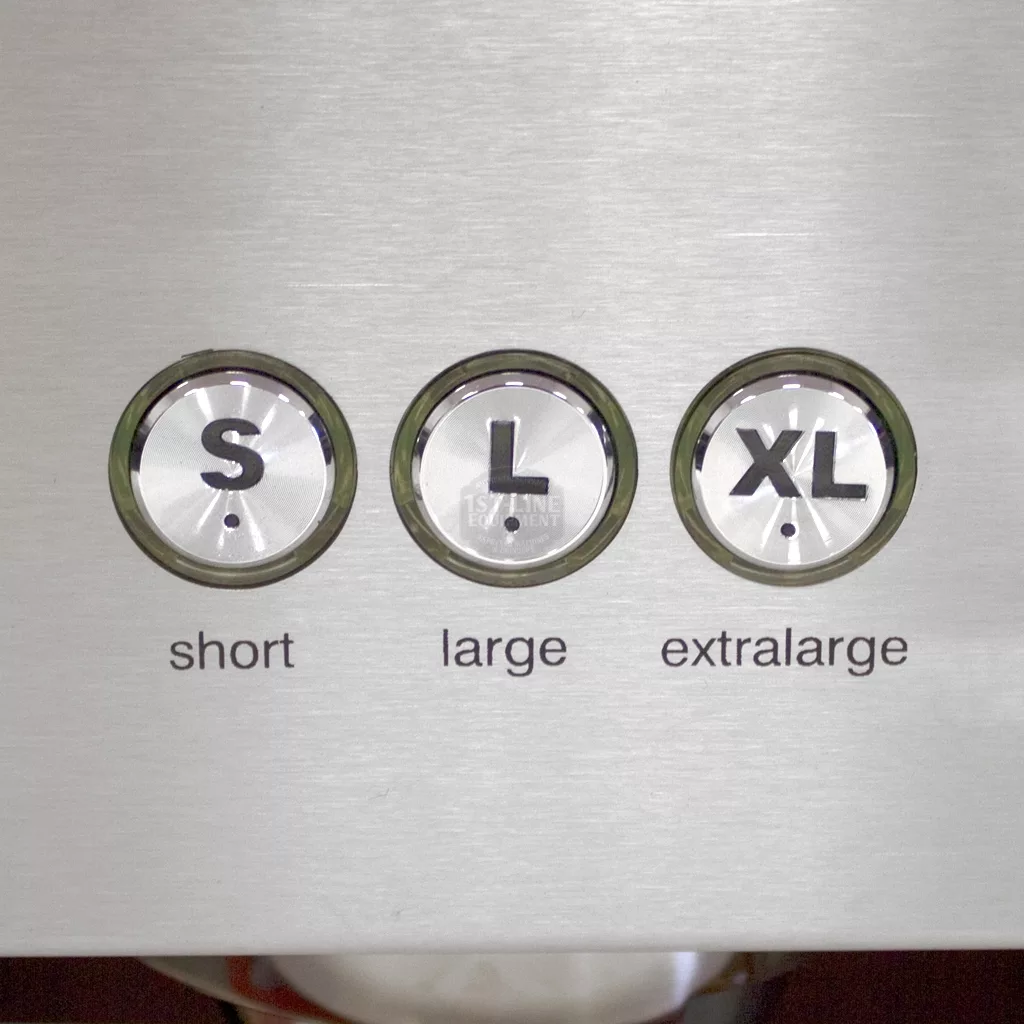 Three metallic buttons labeled S, L, and XL (short, large, extralarge) are on the brushed metal surface of a SOLD RETURNED AND REFURBISHED Ascaso Bar 2 Group Espresso Machine (110V, direct connect with vibration pumps). © 2025 1st-line.com