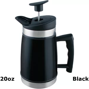 A black 20oz French Press Coffee Maker by Planetary Design featuring a plunger, side handle, and sleek silver accents. The words 20oz and Black are displayed in bold text in the lower corners. © 2025 1st-line.com
