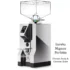 A chrome Eureka Mignon Perfetto coffee grinder with a digital display, large square hopper on top, and a sleek reflective finish. Text reads: Eureka Mignon Perfetto Chrome Body & Chrome Chute. © 2025 1st-line.com