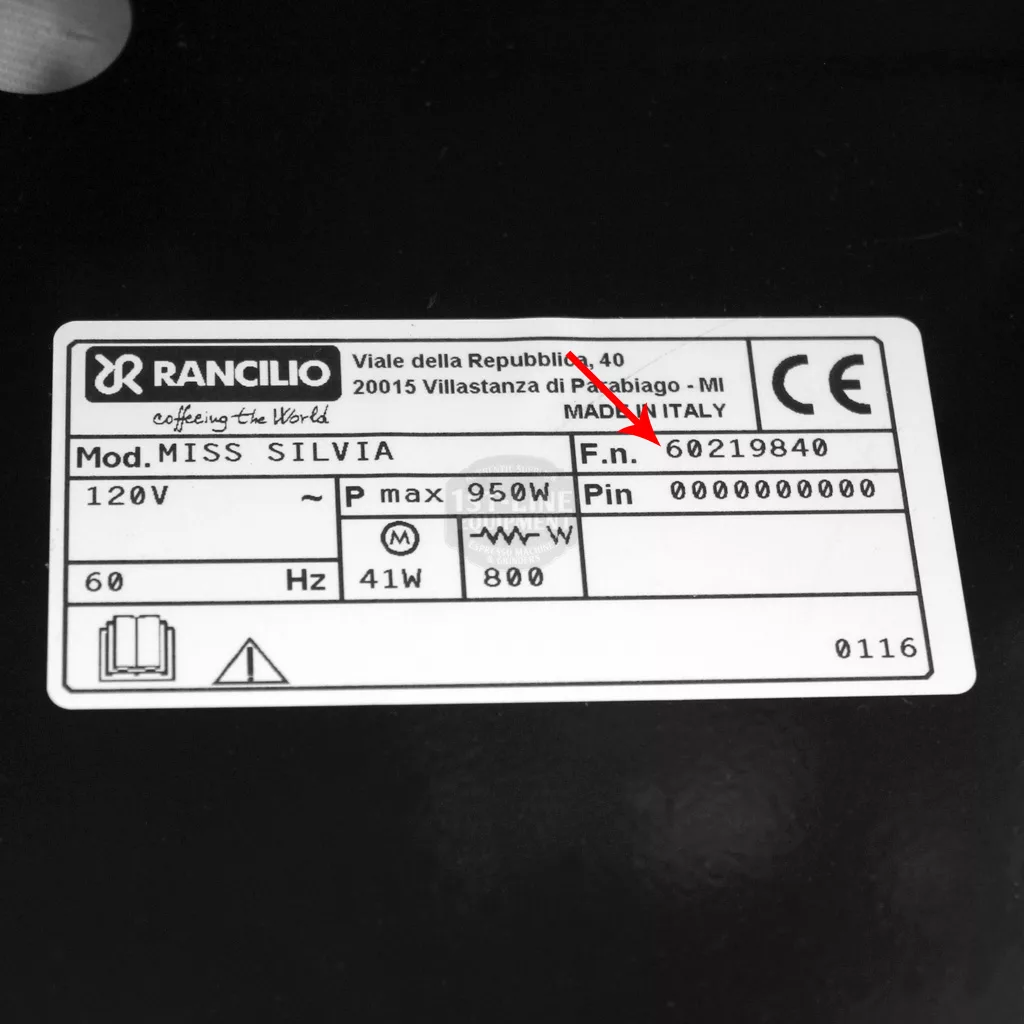 A close-up of a Rancilio Silvia product label shows model MISS SILVIA, serial number, voltage, power ratings, and manufacturing details—with Made in Italy highlighted by a red arrow for those accessing inside the machine. © 2025 1st-line.com