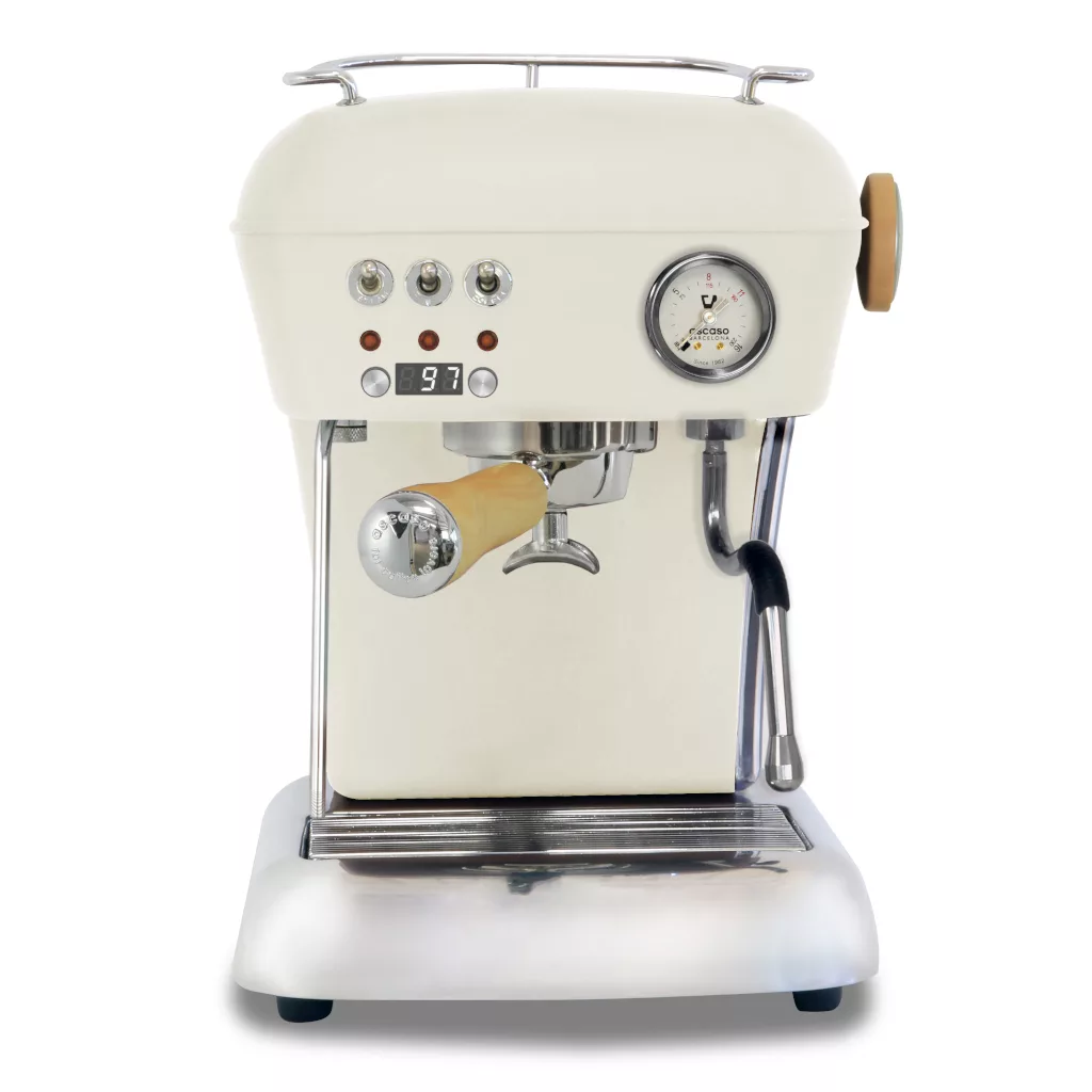 A cream-colored DISCONTINUED Ascaso Dream UP V3 PID espresso machine with retro design, silver accents, control buttons, a pressure gauge, and a WOOD handle portafilter and steam knob. © 2025 1st-line.com