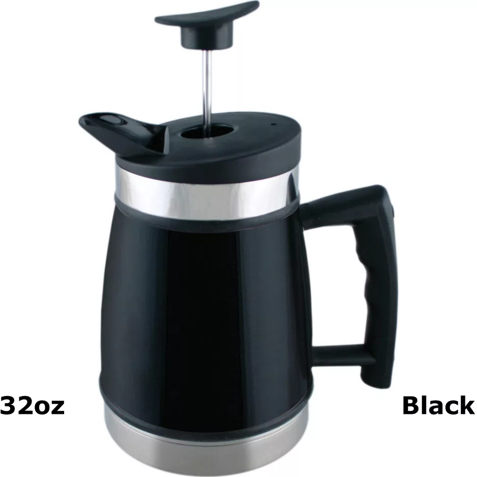 A discontinued Planetary Design 32 oz black stainless steel French press coffee maker with handle and plunger, silver accents on top and bottom, shown on a white background. 32oz and Black are displayed in the corners. © 2025 1st-line.com