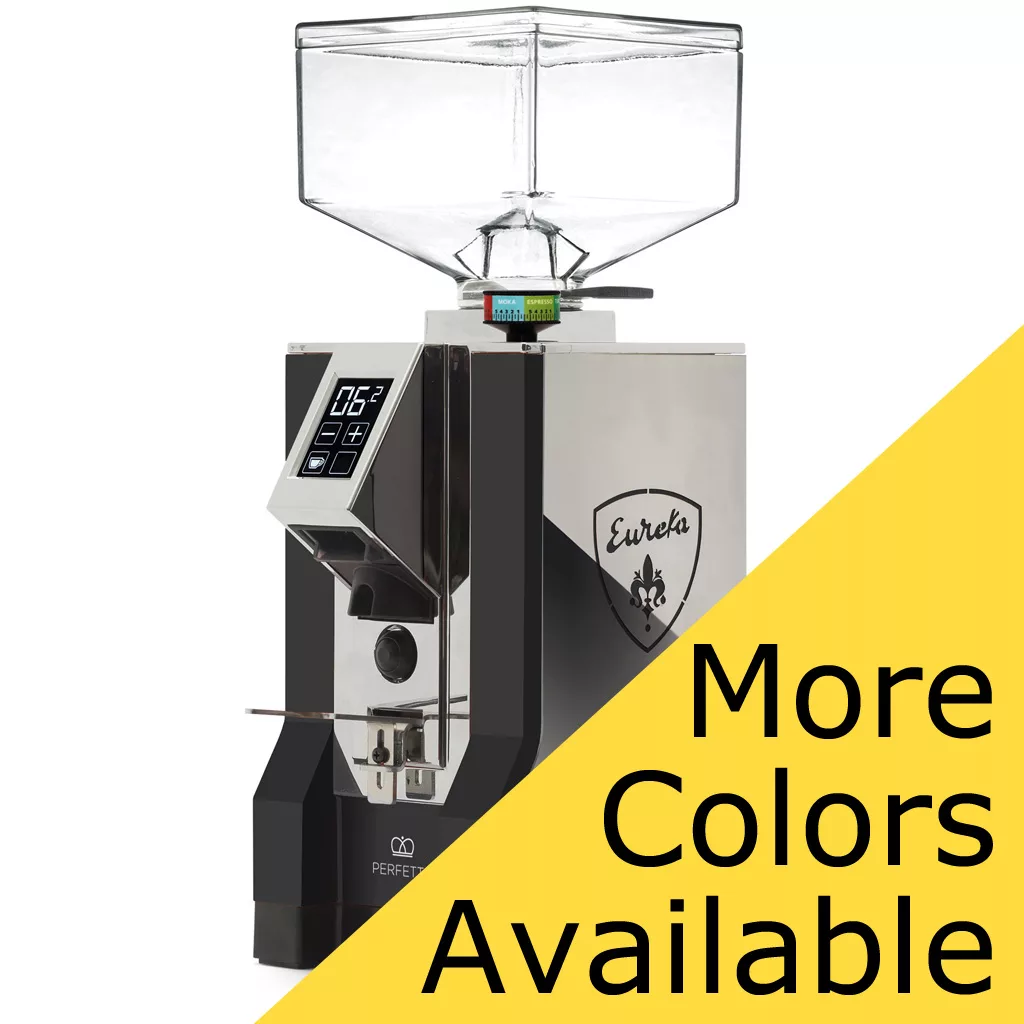 A modern black Eureka Mignon Perfetto Espresso Coffee Grinder with a digital display and clear hopper sits above a yellow banner reading “More Colors Available.”. © 2025 1st-line.com