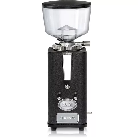 The ECM S-Automatik 64 Espresso Grinder features a black finish, clear top bean hopper, central grind size adjustment dial, and front digital display—perfect for precise espresso grinding. © 2025 1st-line.com