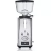 The ECM S-Automatik 64 Espresso Grinder features a stainless steel body, clear bean hopper, front button controls, and a digital timer display at the bottom. © 2025 1st-line.com