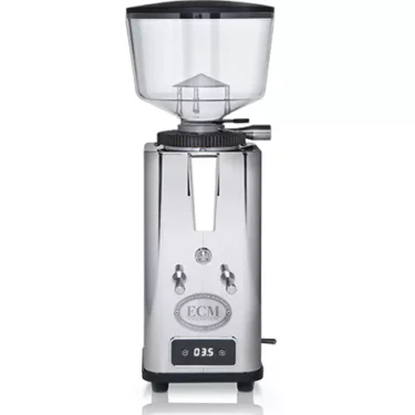 The ECM S-Automatik 64 Espresso Grinder features a stainless steel body, clear bean hopper, front button controls, and a digital timer display at the bottom. © 2025 1st-line.com