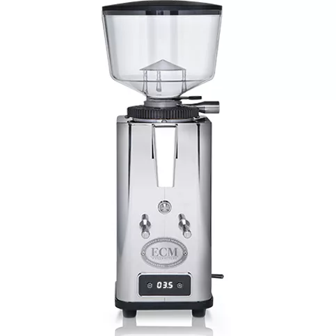The ECM S-Automatik 64 Espresso Grinder features a stainless steel body, clear bean hopper, front button controls, and a digital timer display at the bottom. © 2025 1st-line.com