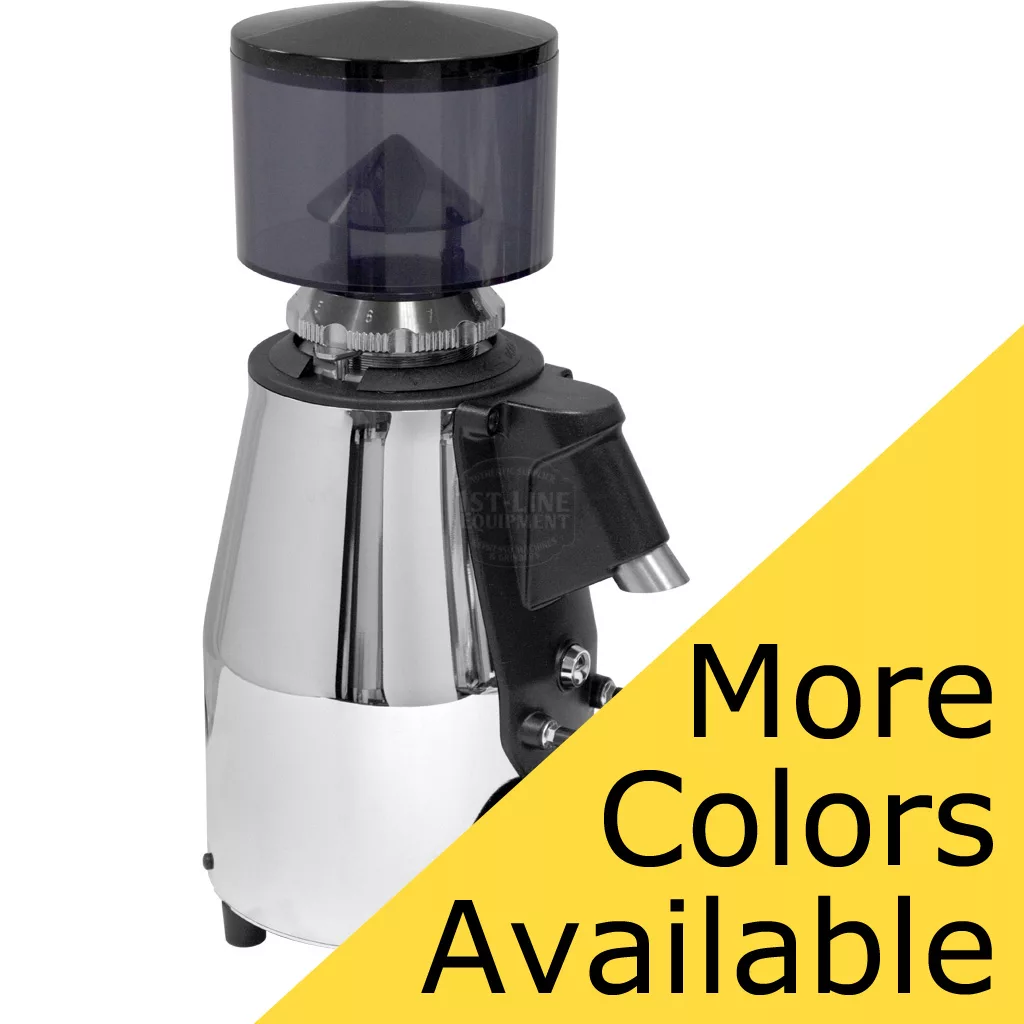 A chrome DISCONTINUED 1st-line Sonny Espresso Coffee Grinder with a black hopper and spout is shown. A yellow diagonal banner in the lower right corner reads More Colors Available in large black text. © 2025 1st-line.com