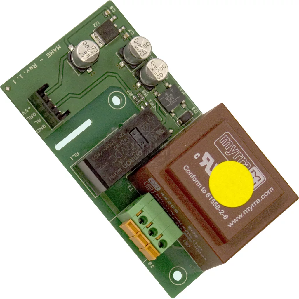 DISCONTINUED Eureka 2580.0110 110V Electronic Board—green PCB with capacitors, black relay, orange terminals, and a brown myrra transformer. Suitable for Eureka 2580.0110 models; now discontinued. © 2025 1st-line.com