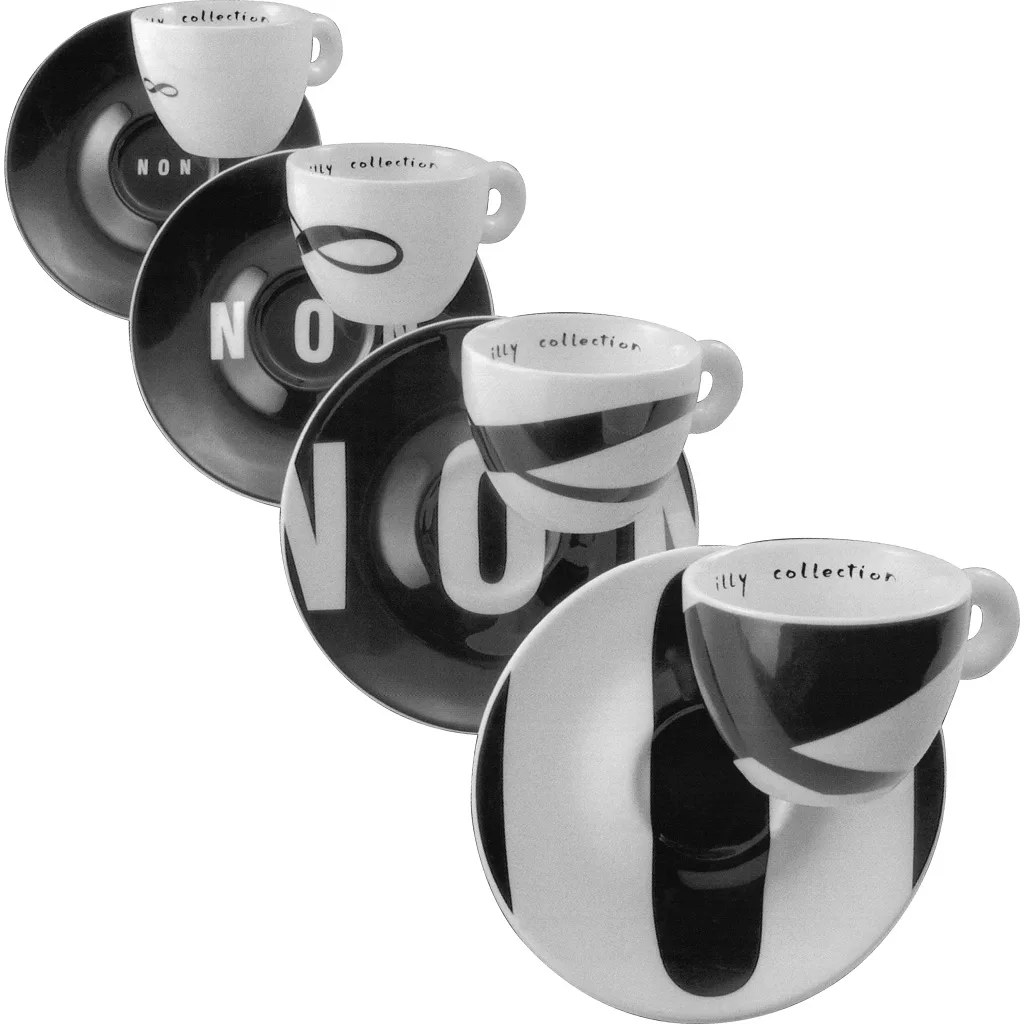 The DISCONTINUED Illy Collection - NON Set of 4 Espresso Cups features black and white cups with saucers that spell NON when arranged, creating a striking graphic design. © 2025 1st-line.com