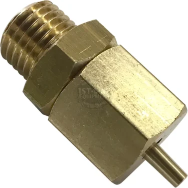 A close-up of the ECM C219900561 1/4 Vacuum Breaker Valve shows its brass body with a threaded male end, hexagonal center, and a small pin on the opposite side. © 2025 1st-line.com