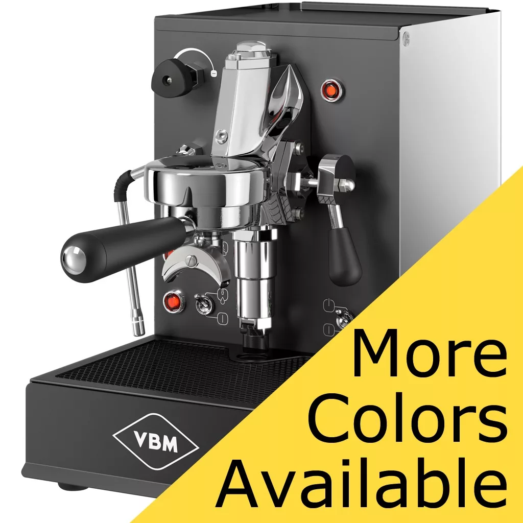 A DISCONTINUED VBM Domobar Original Espresso Machine with a black and chrome finish is displayed on a white background. A large yellow diagonal banner reads More Colors Available in bold black text. © 2025 1st-line.com