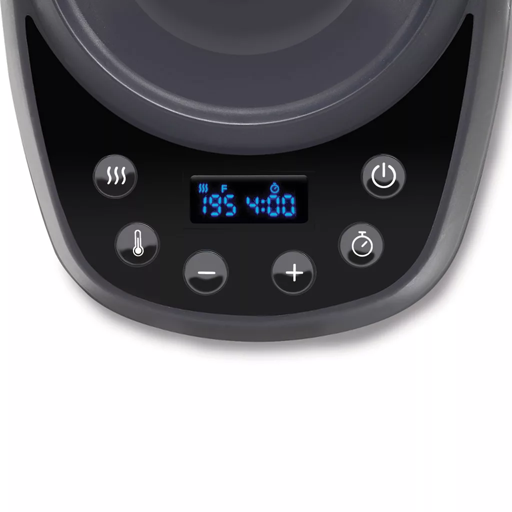 Close-up of a digital air fryer control panel with buttons for temperature, timer, power, and presets. The blue LED shows 195°F and 4:00—ideal for pairing with a Capresso 290.05 Electric Pour Over Water Kettle. © 2025 1st-line.com
