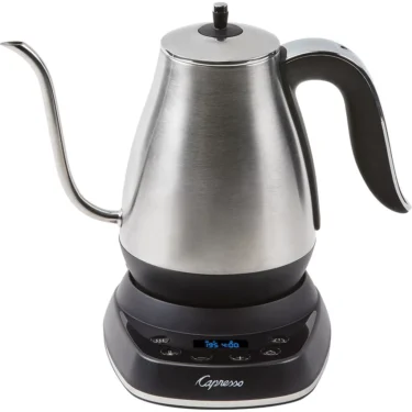 The Capresso 290.05 Electric Pour Over Water Kettle, made of stainless steel, sits on a digital base displaying 175°F and features touch controls and the Capresso brand name on the front. © 2025 1st-line.com