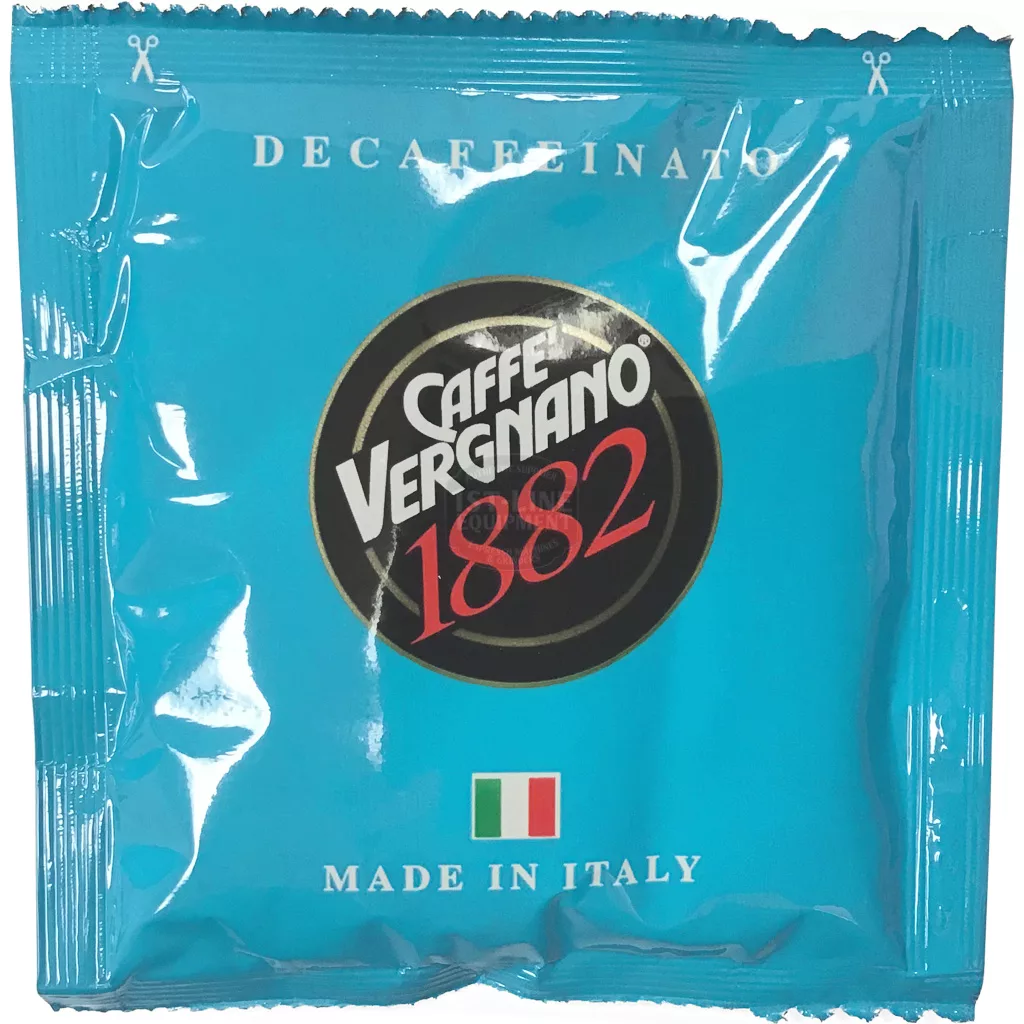 A blue packet of DISCONTINUED Caffe Vergnano Espresso Pods Decaf 150/7 G with a black circular logo, Italian flag, and Made in Italy text. © 2025 1st-line.com
