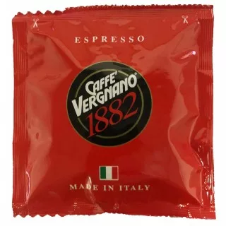 A red packet labeled DISCONTINUED Caffe Vergnano Espresso Pods 150/7 G features a black and gold logo, the Italian flag, and Made in Italy on the front, showcasing authentic Italian flavor. © 2025 1st-line.com