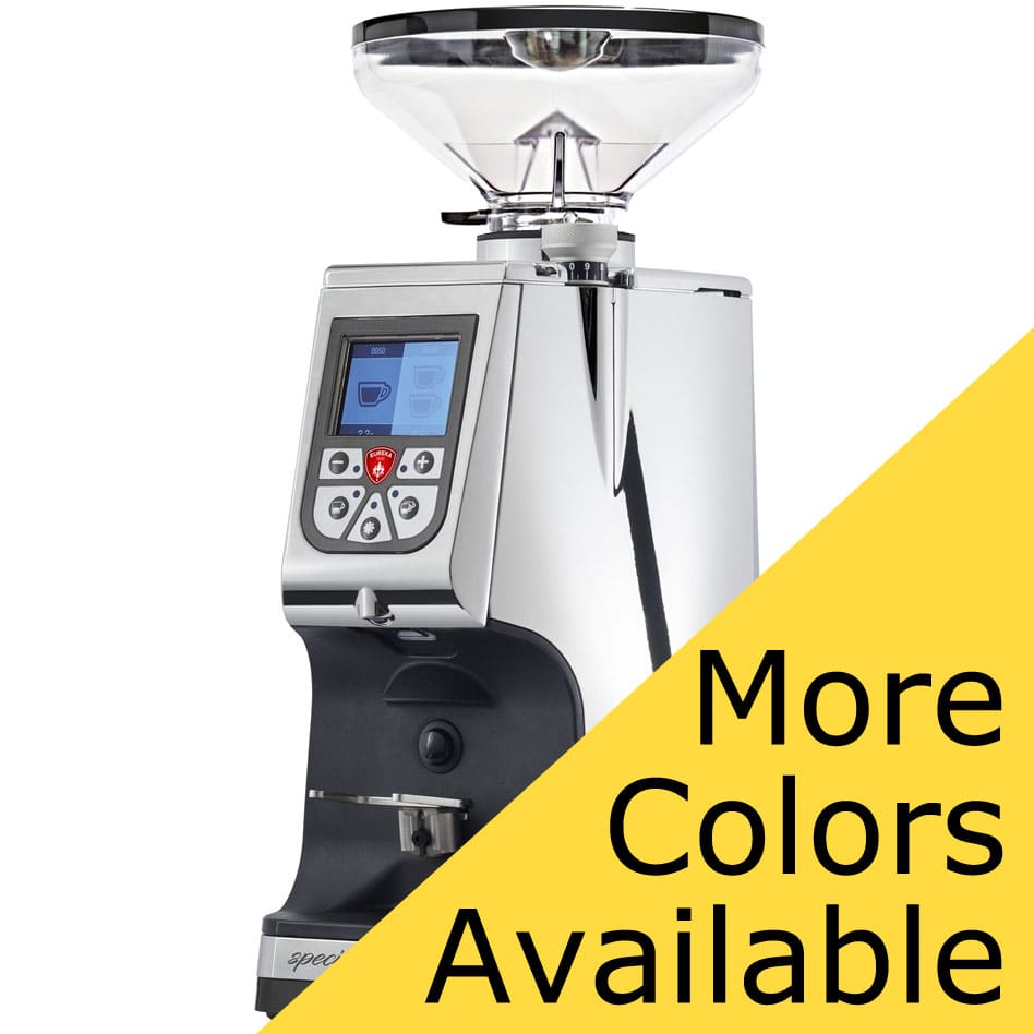 A shiny, silver DISCONTINUED Eureka Atom Specialty 65 Espresso Coffee Grinder w/ Short Bean Hopper sits against a white background. A large yellow triangle partially covers the image with the words More Colors Available. © 2025 1st-line.com