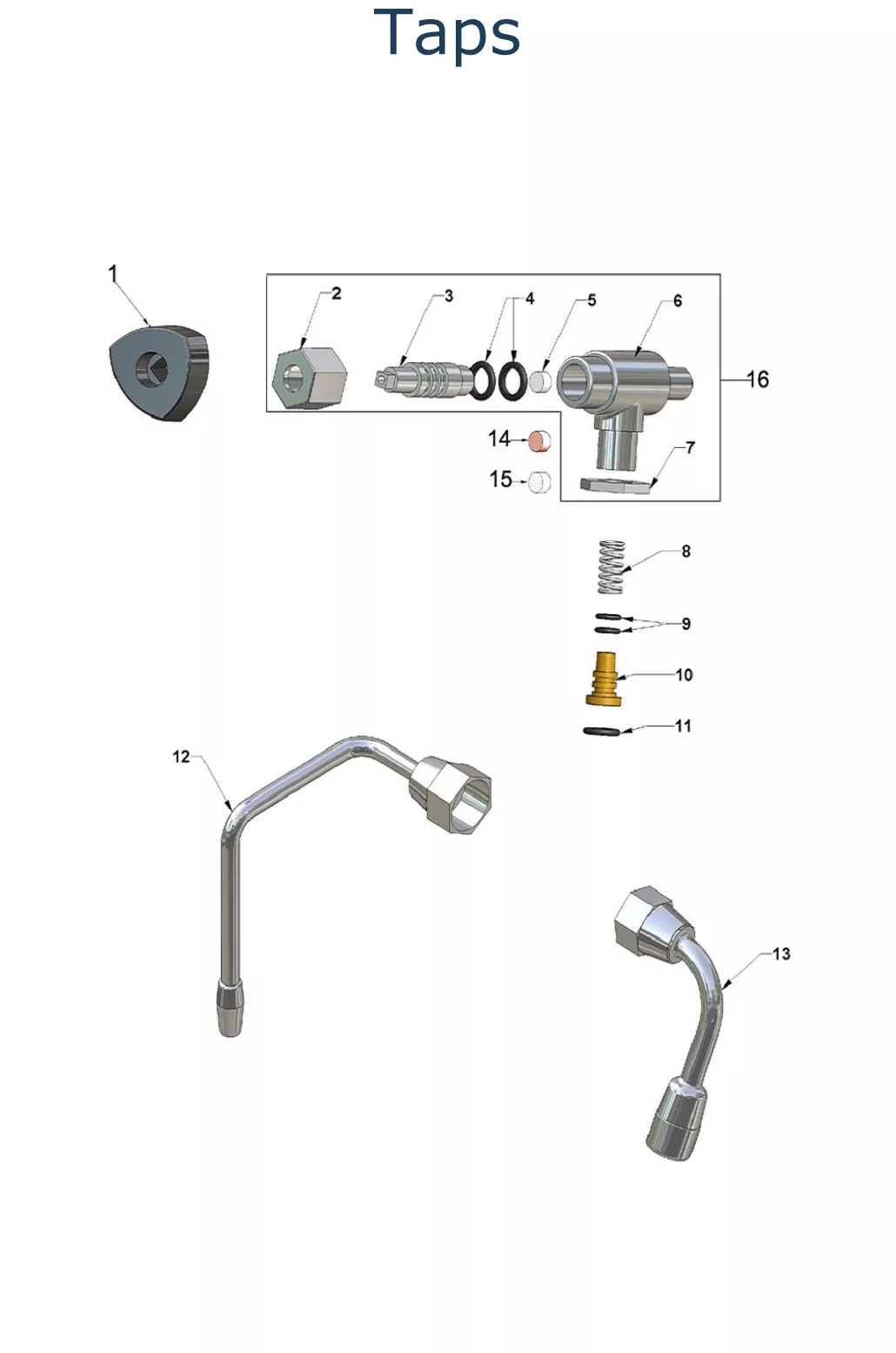 Electronic parts diagram of tap components—including handles, connectors, valves, washers, springs, and angled pipes—each labeled with numbers for identification. Taps is at the top. Suitable for VBM Domobar Super reference. © 2025 1st-line.com