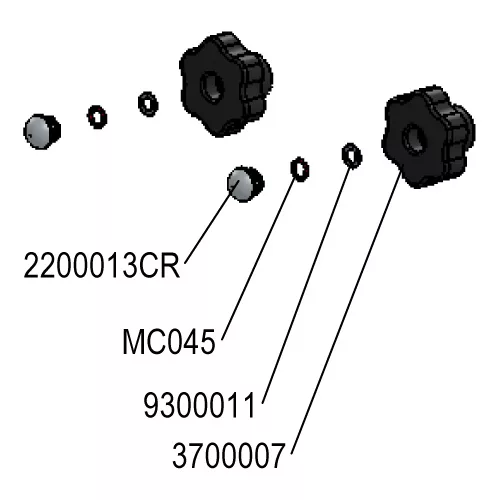 Exploded diagram displaying four labeled parts: 220013CR, MC045, 9300011, and Lelit 3700007 Steam/Hot Water Knob. Shows two large black knobs—hot water and steam—and smaller round components in assembly order. © 2025 1st-line.com