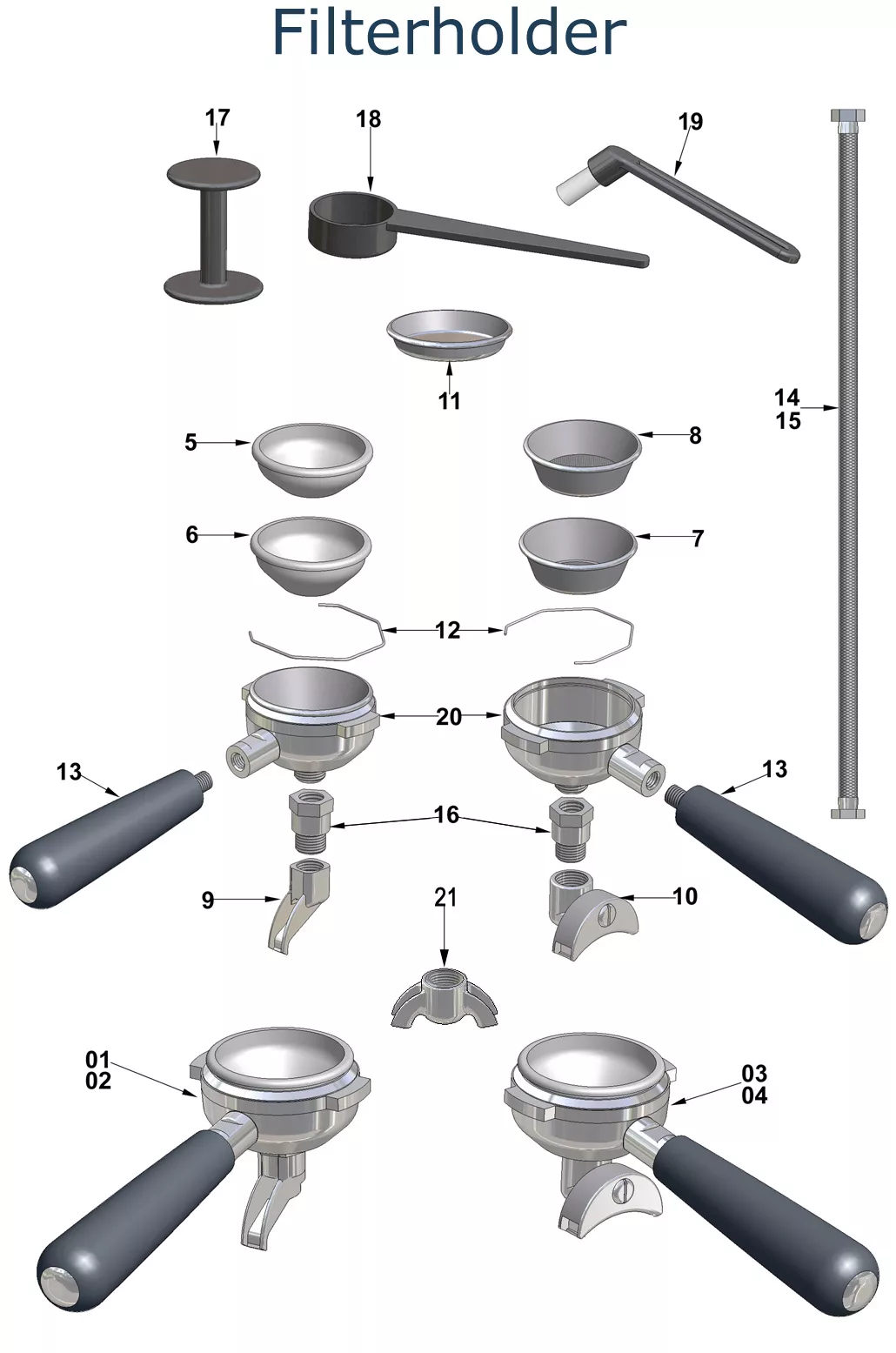 Exploded parts diagram of a VBM Domobar filter holder for an espresso machine, showing numbered components like handles, baskets, springs, tamper, cleaning brush, and rod arranged above assembled filter holders. © 2025 1st-line.com