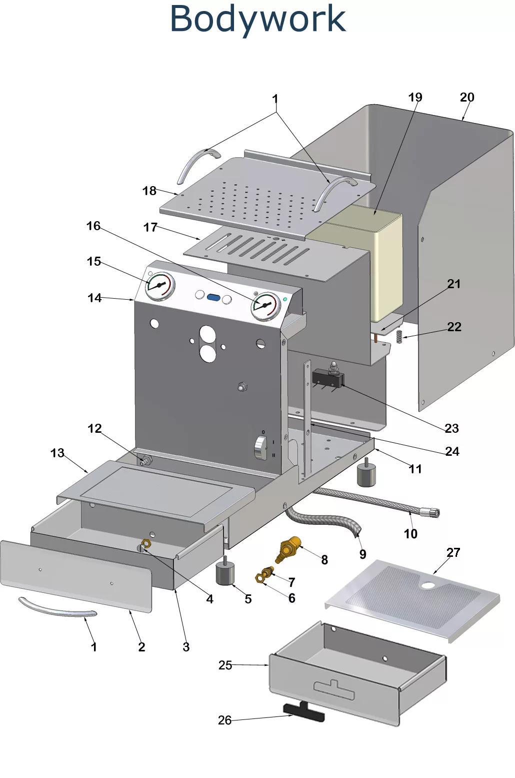 Exploded parts diagram of the metal VBM Domobar Super appliance labeled Bodywork, showing electronic components like panels, knobs, gauges, drawer, tray, hoses, and screws—all clearly numbered for identification. © 2025 1st-line.com