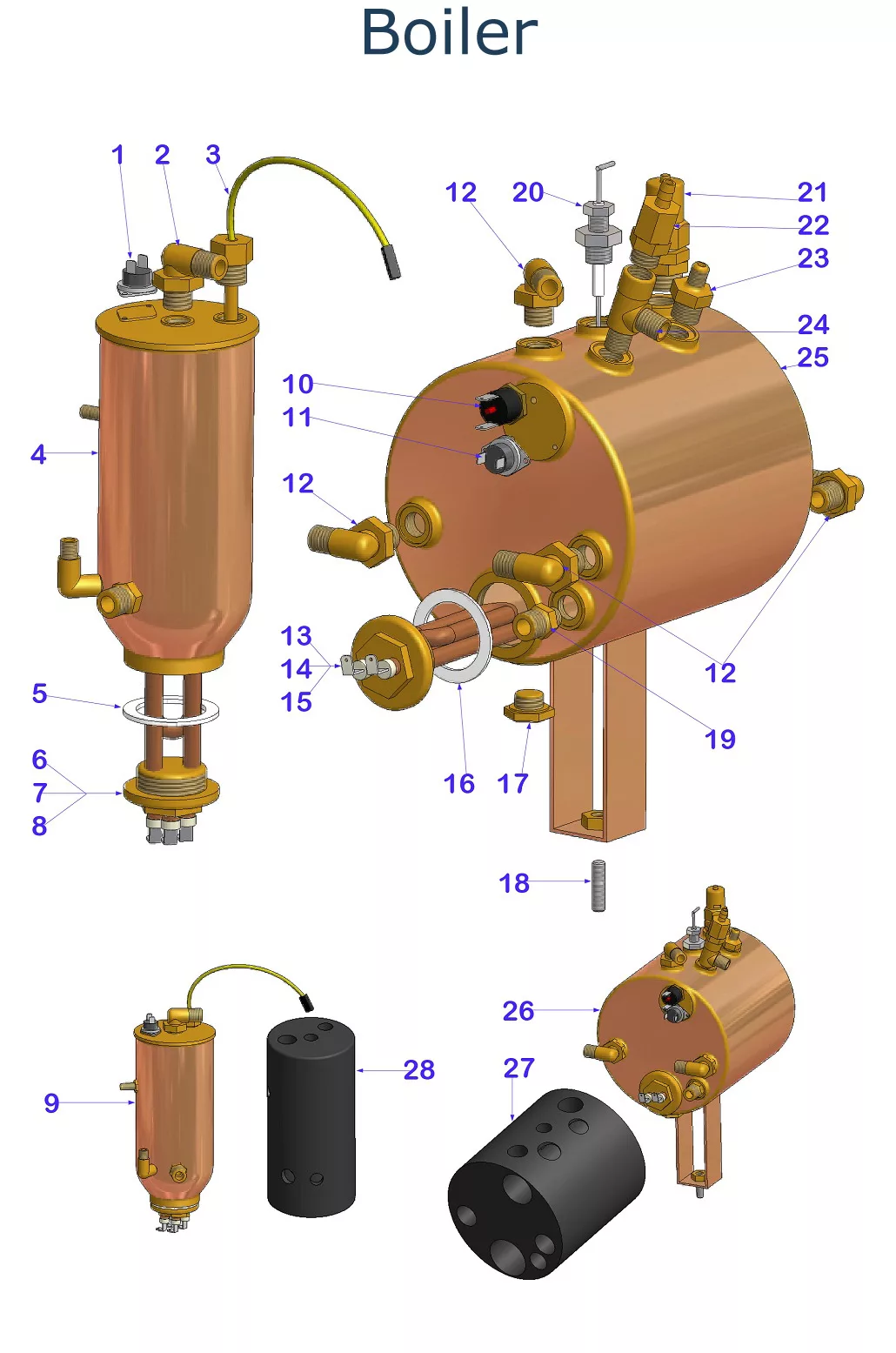 Labeled Parts Diagram of a VBM Domobar Super boiler, Electronic model, with numbered components. Two black cylindrical parts are shown separately below the gold and copper main boiler with detailed pipes and valves. © 2025 1st-line.com