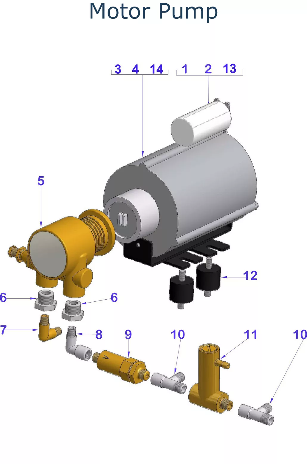 Labeled Parts Diagram of a VBM Domobar Super DB motor pump, with numbered parts showing the main cylindrical motor, pipes, connectors, and various fittings arranged around and attached to the pump. © 2025 1st-line.com