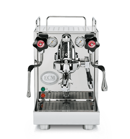 The discontinued ECM Mechanika V Slim Espresso Machine, made of stainless steel, showcases dual gauges, steam and hot water wands, logoed control knobs, and indicator lights—all in a sleek front view. © 2025 1st-line.com