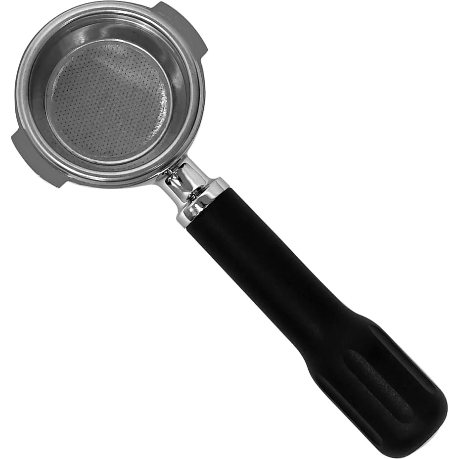 The Lelit 1000048 58mm Dual Spout Portafilter features a metal body, black handle, and round perforated basket for coffee grounds, shown from above on a white background. © 2025 1st-line.com