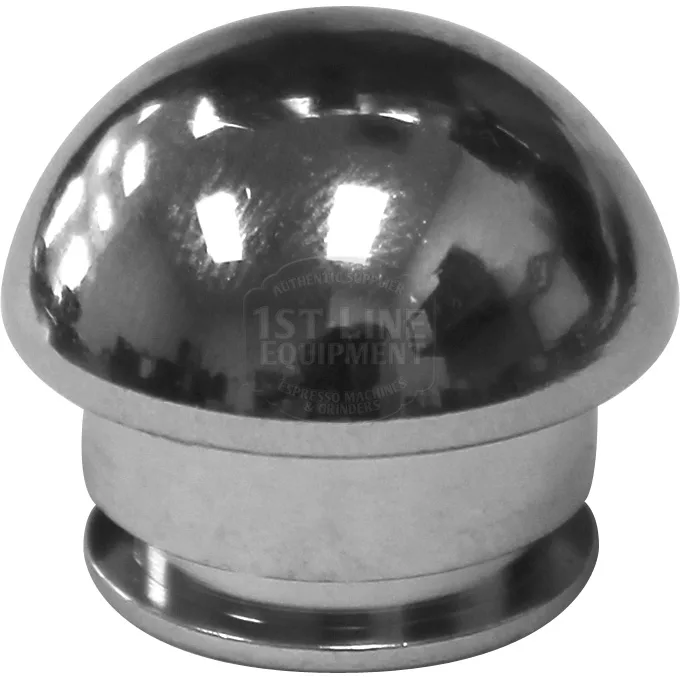 The Lelit 2200013CR Steam / Hot Water Knob Cover is a shiny, metallic, dome-shaped accessory with a smooth surface and flat base, compatible with Lelit machines and shown against a white background. © 2025 1st-line.com