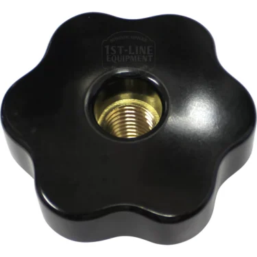 The Lelit 3700007 Steam / Hot Water Knob is a black, flower-shaped plastic knob with a central threaded brass insert, shown against a white background. It is compatible with select Lelit espresso machines. © 2025 1st-line.com