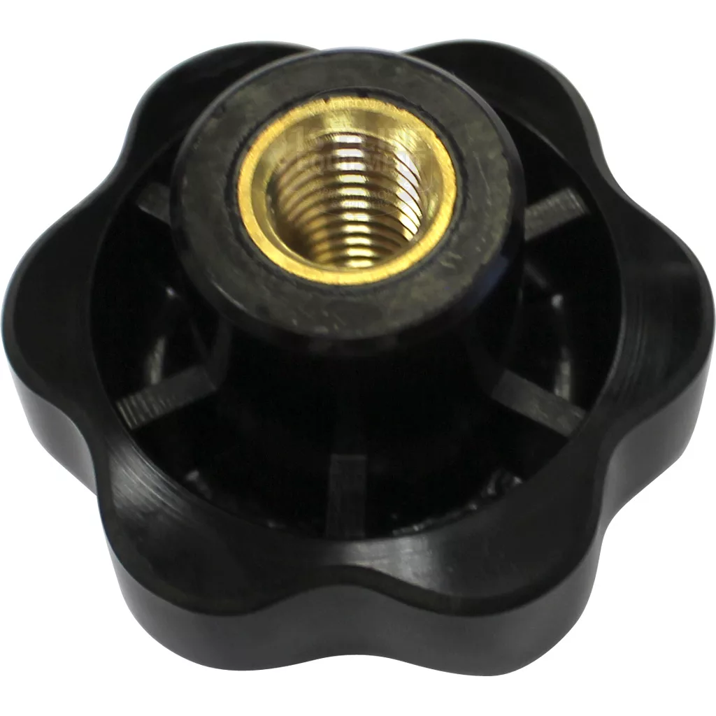 The Lelit 3700007 Steam / Hot Water Knob is a black, star-shaped plastic knob with a central threaded brass insert, viewed from above. © 2025 1st-line.com