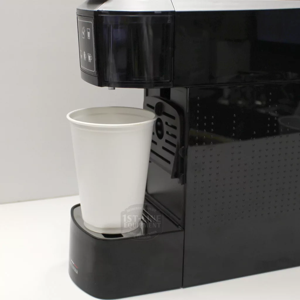 The (SOLD) SIDEWALK SALE - Caffeum Perfectus slimNESs Espresso Machine F306 in black, with a white paper cup under the dispenser, is ready to brew. The left-side control panel is also visible. © 2025 1st-line.com