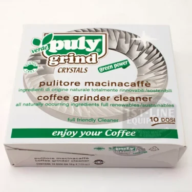 A box of Puly Grind Crystals Grinder Cleaner, featuring a green and white design, sustainable label, made from renewable ingredients, and bilingual text in Italian and English. © 2025 1st-line.com
