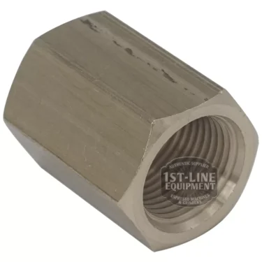 The 1st-line V..895 3/8 F x 3/8 F hexagonal metal coupling nut features a threaded interior for connecting two male-threaded components, shown on a white background. © 2025 1st-line.com