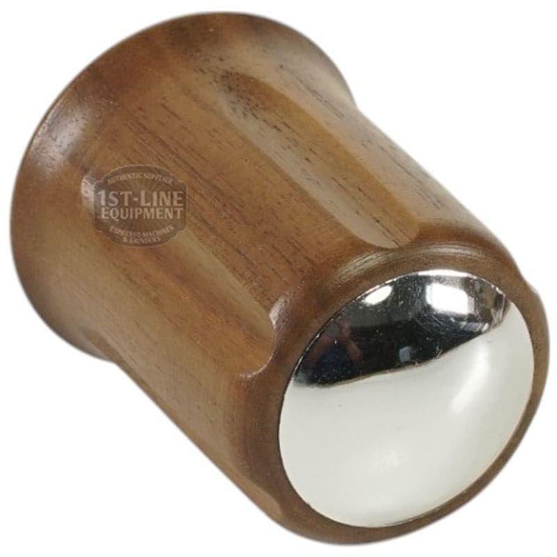 The Faema Compact Walnut Valve Knob features a wooden handle and a neutral chrome plug, ideal for espresso machines. © 2025 1st-line.com