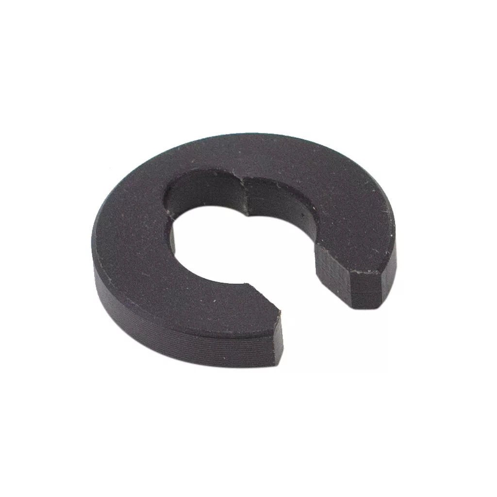 A black, solid C-shaped washer with a gap, shown on a white background. Compatible with steam/hot water valves like Lelit 3700014. Product: Lelit 3700014 Washer for S Steam/Hot Water Valve. © 2025 1st-line.com