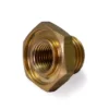 A brass hexagonal fitting for the Bezzera 5302065 Water Tank Particle Filter Reduction Gear 1/4, with threaded interior and exterior surfaces, displayed on a white background. © 2025 1st-line.com