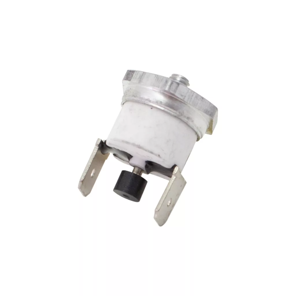 A close-up of the DISCONTINUED ECM C199901549 165° Safety Thermostat, a small metal and plastic component with two flat prongs and a black circular tip, typically used in electrical circuits or appliances. © 2025 1st-line.com