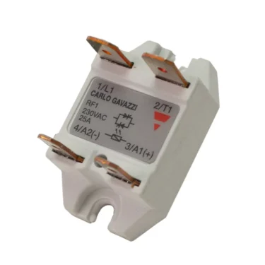 A Lelit 9600028 Solid State Relay, white with copper terminals and a gray front label showing model info and terminal numbers, is marked 230VAC 25A. © 2025 1st-line.com