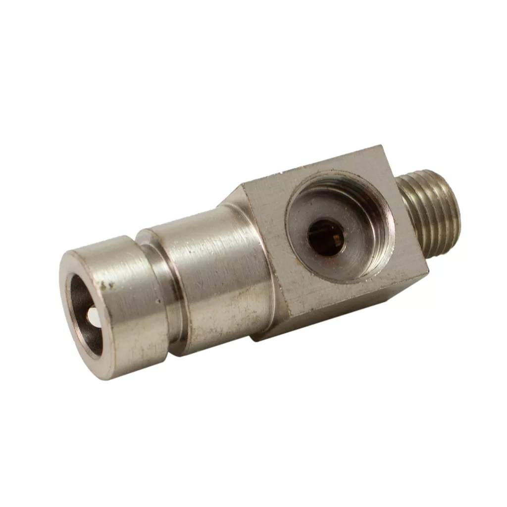 A metal pneumatic air hose connector with a threaded end and side opening, designed for attaching to equipment or hoses like the Ascaso I..68A Steam Valve Body. © 2025 1st-line.com