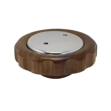 A round wooden shaker featuring a grooved edge and a shiny Sirai cap to block the wire opening, with two small holes on top. © 2025 1st-line.com