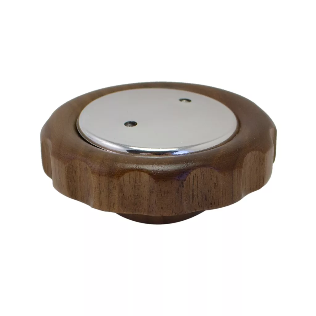 A round wooden shaker featuring a grooved edge and a shiny Sirai cap to block the wire opening, with two small holes on top. © 2025 1st-line.com