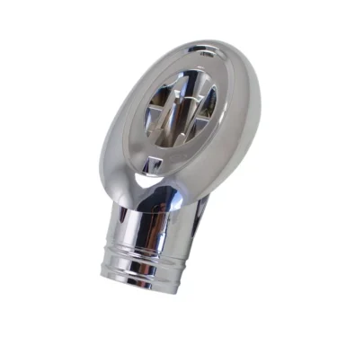 A shiny, chrome-plated jet nozzle with an oval face and slotted center for hot tubs or spas is shown on a white background next to the Bezzera 5371204.01 Endcap for Snake Handle (no emblem). © 2025 1st-line.com