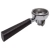 A stainless steel espresso portafilter with a black handle, designed for holding ground coffee in an espresso machine, is shown on a white background. © 2025 1st-line.com