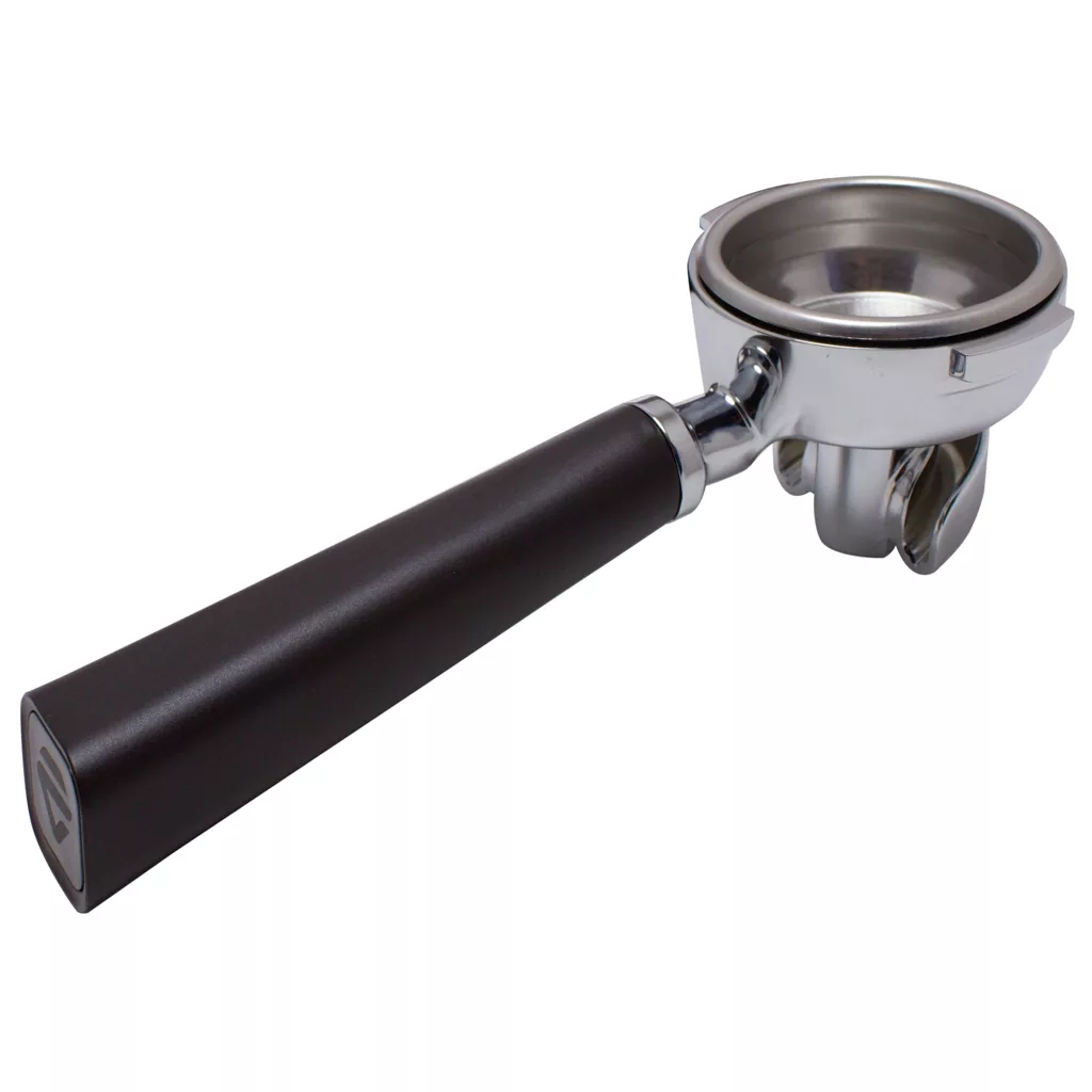 A stainless steel espresso portafilter with a black handle, designed for holding ground coffee in an espresso machine, is shown on a white background. © 2025 1st-line.com