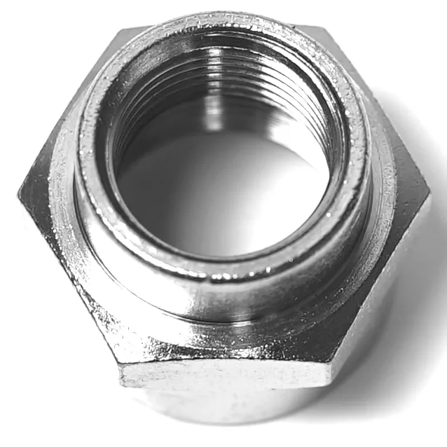 A top-down close-up of the Ascaso V.2200 1/2 F x 3/4 F Fitting hex nut, featuring shiny metal and internal threading, set against a white background. © 2025 1st-line.com