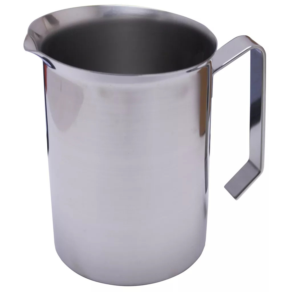 The 50 oz Stainless Steel Steaming Pitcher #39 features a straight handle and small spout, displayed on a plain white background. © 2025 1st-line.com